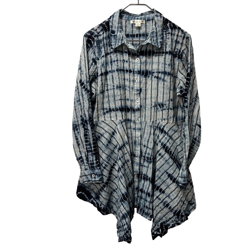 Studio West Apparel Blue Tie Dye Metallic Stripe Sharkbite Tunic Shirt Large